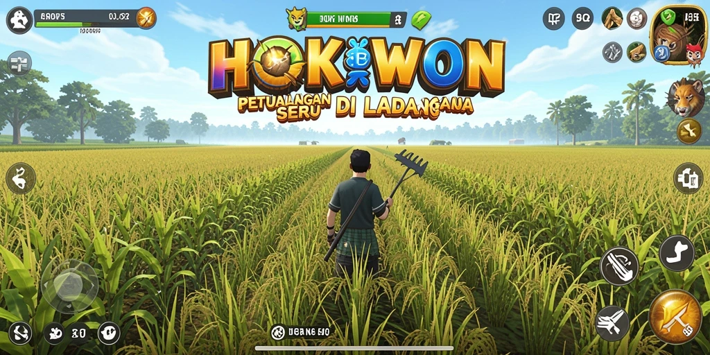 Tampilan gameplay HOKIWON dengan ladang yang subur dan beragam tanaman.