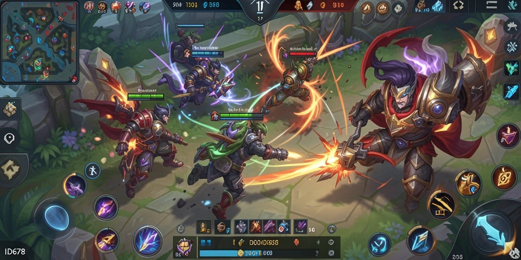 Tangkapan layar gameplay ID678 yang menampilkan aksi seru dalam pertempuran MOBA.