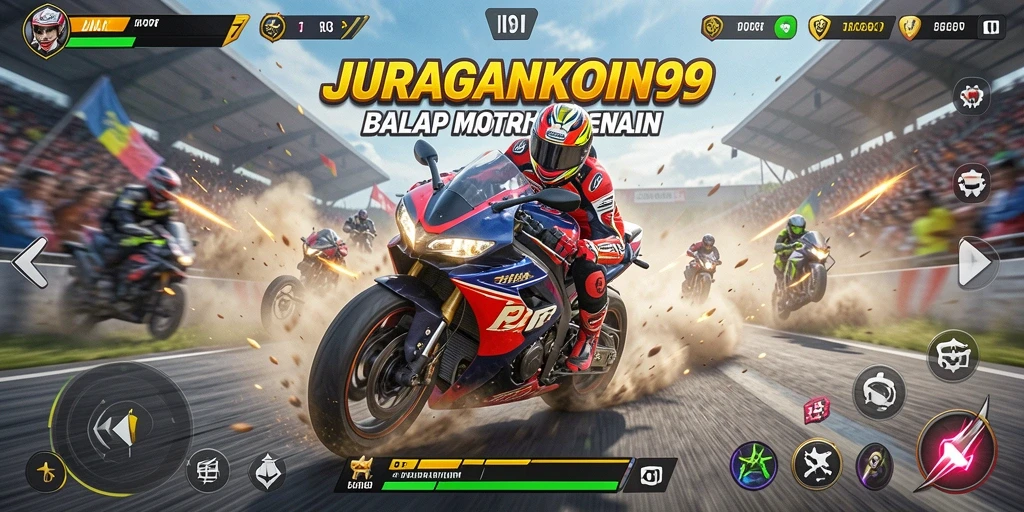 Tampilan gameplay JURAGANKOIN99 dengan balapan motor yang mendebarkan.