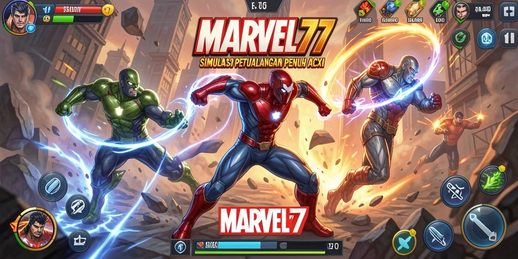 Tampilan gameplay menarik dari MARVEL77 dengan karakter superhero.
