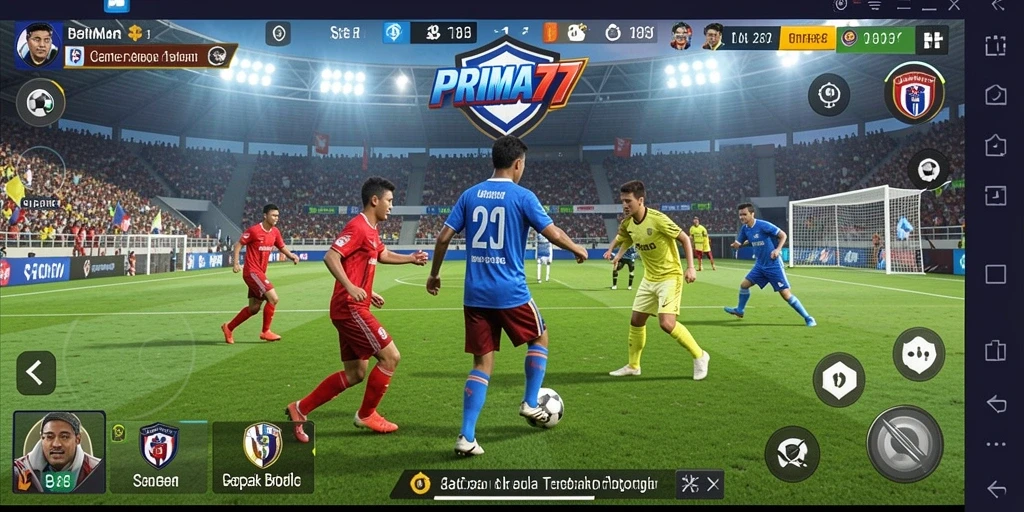 Screenshot gameplay PRIMA77 menampilkan aksi seru dalam pertandingan sepak bola.