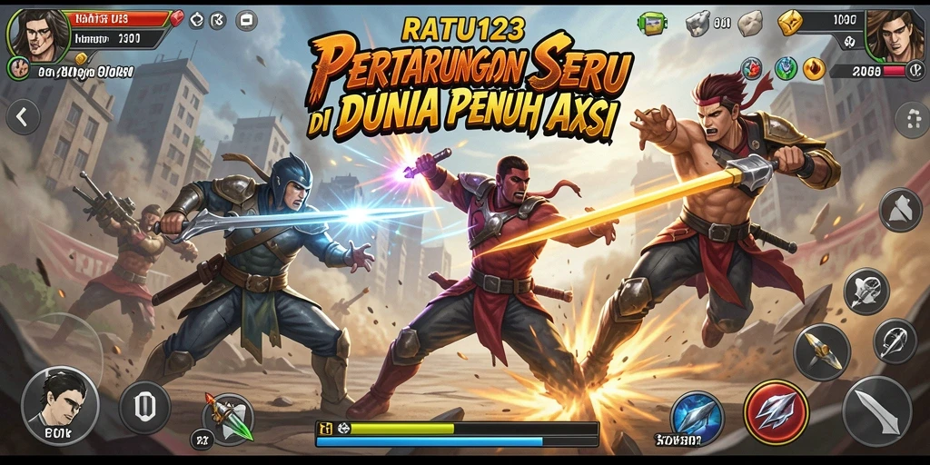 Tampilan layar permainan RATU123 dengan aksi pertempuran yang mendebarkan.