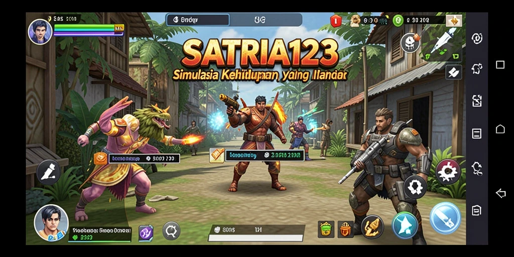 Screenshot permainan SATRIA123 menunjukkan karakter yang berinteraksi di lingkungan yang indah.